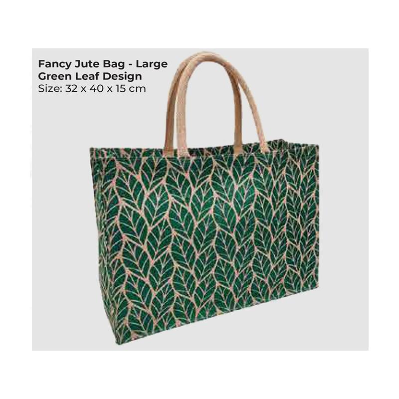 Fancy Jute Bag - Small Green Leaf Design  With Logo